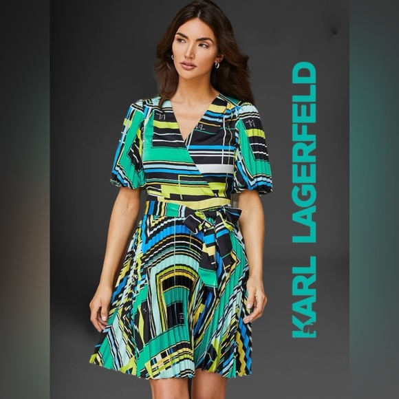 KARL LAGERFELD Geometric Surplice V Neckline Pleated Sleeve Wrap Dress, NEW - Picture 2 of 5